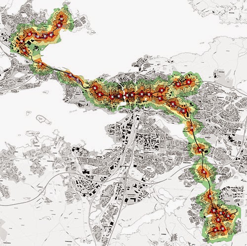 Valittu raitiotielinjaus ja pysäkkien kävelyetäisyydet 200 metrin välein. Enintään 800 metrin etäisyydellä (vihreä väri) asuu vuonna 2020 tamperelaisia 87.500, noin kolmannes Tampereen väestöstä. Kuva Tampereen kaupunki.